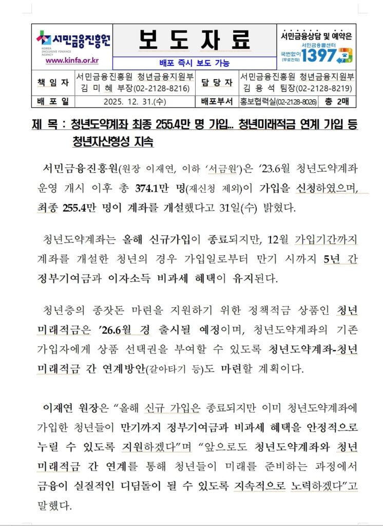 서민금융진흥원 청년미래적금 보도자료1