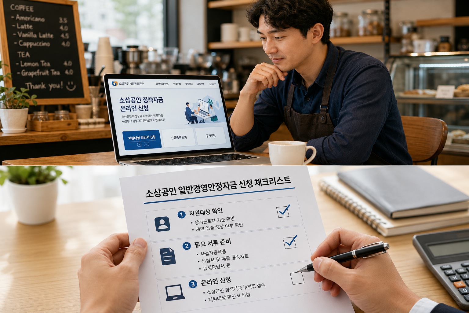30대 자영업자가 소상공인 일반경영안정자금을 확인하고 신청하는 모습