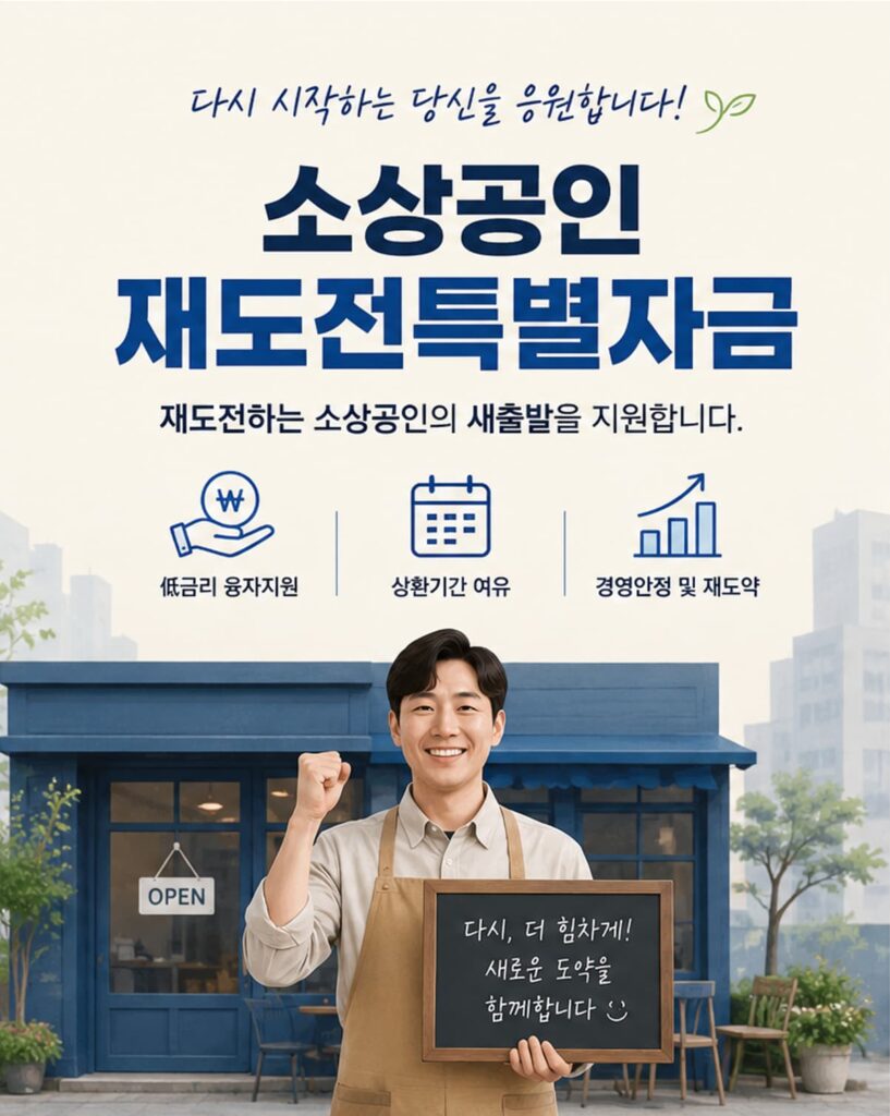 소상공인 재도전특별자금으로 소상공인의 새출발을 지원한다는 내용의 이미지