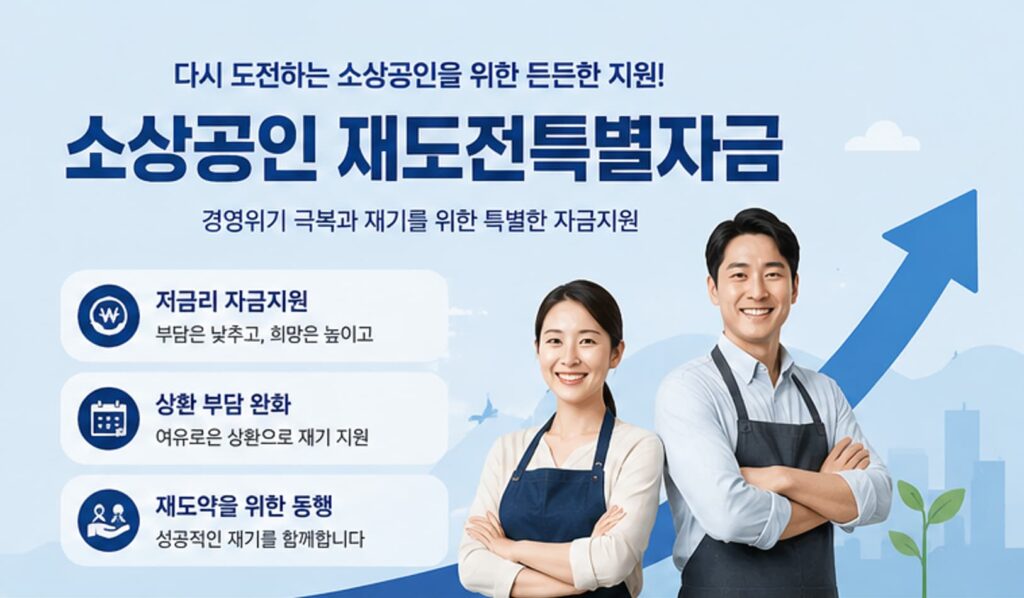 소상공인 재도전특별자금은 저금리로 상환부담을 완화한다는 설명 이미지