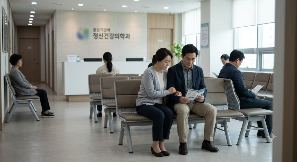 공황장애 첫 진료를 위해 지인과 기다리는 모습