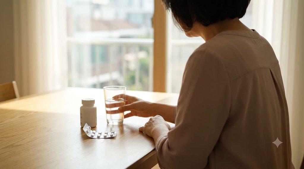 공황장애 약물치료 진단을 받고 약을 복용하는 중년 여성